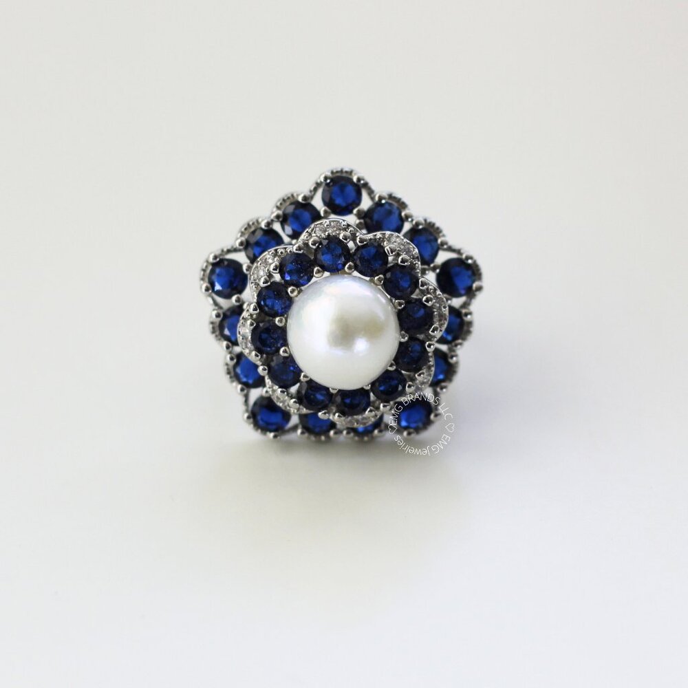 New White Freshwater Pearl and Blue Gemstone Rotating Spinner Ring